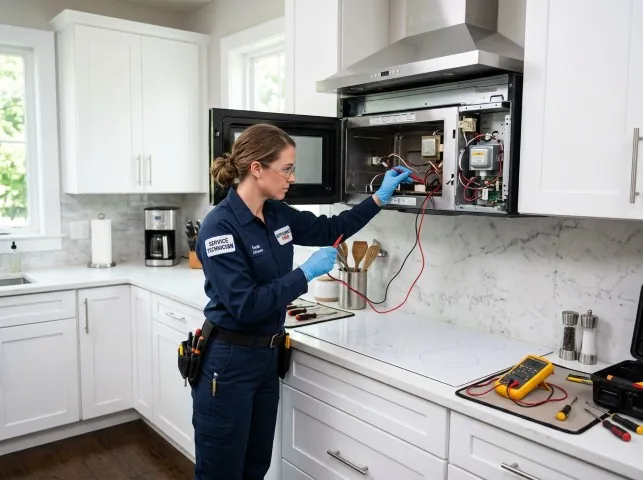 Appliance Repair Hero technician testing an over-the-range microwave in a Avoca, WI kitchen